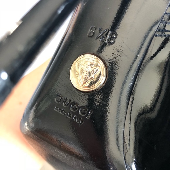 GUCCI Black Gold Patent Leather Peep Toe Booties 6 - Picture 5 of 8